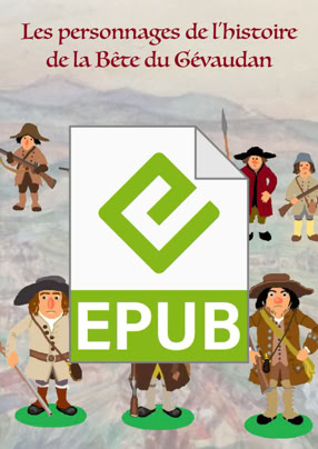 Illustration de personnages historiques en vêtements d'époque, avec un texte en haut indiquant "Les personnages de l'histoire de la Bête du Gévaudan".