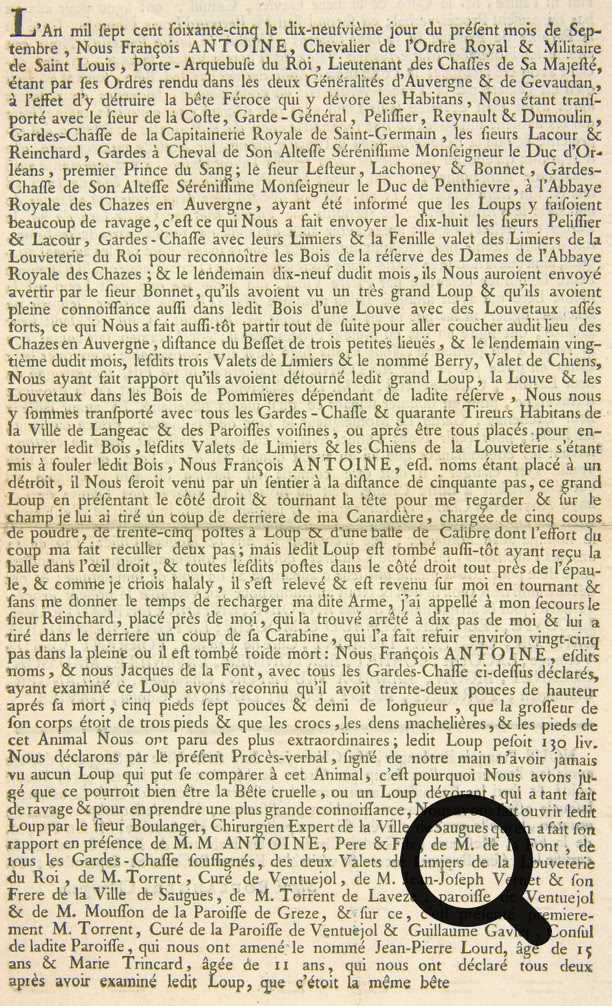 Procès-verbal établi par M. Antoine concernant la chasse faite aux Chazes. 19 septembre 1765.
